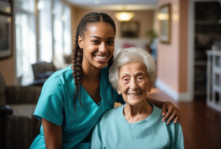 Nurse smiling sitting next to woman senior smiling in a retirement home.